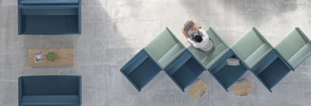 gorgeous reception waiting room area furnished with Lacasse, a Canadian office furniture manufacturer, furniture  