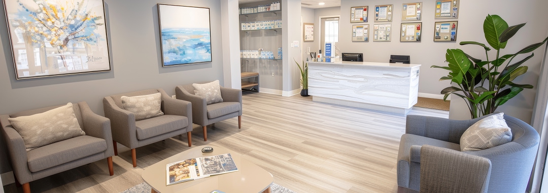 Medical waiting room furniture in a modern hospital setting with doctor’s office layout