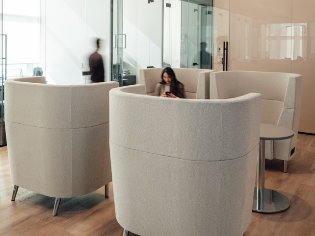 Lounge zone with real estate office furniture including Drift and River seating for informal meetings