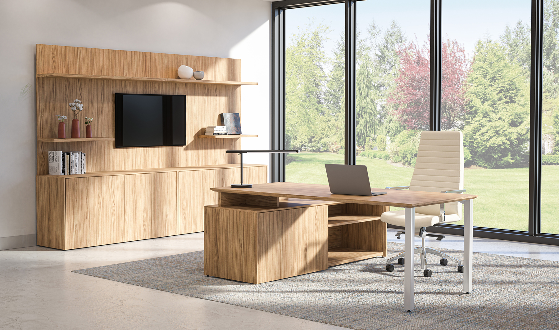 Modern executive office with wood finish and ergonomic chair from Krug commercial furniture collection