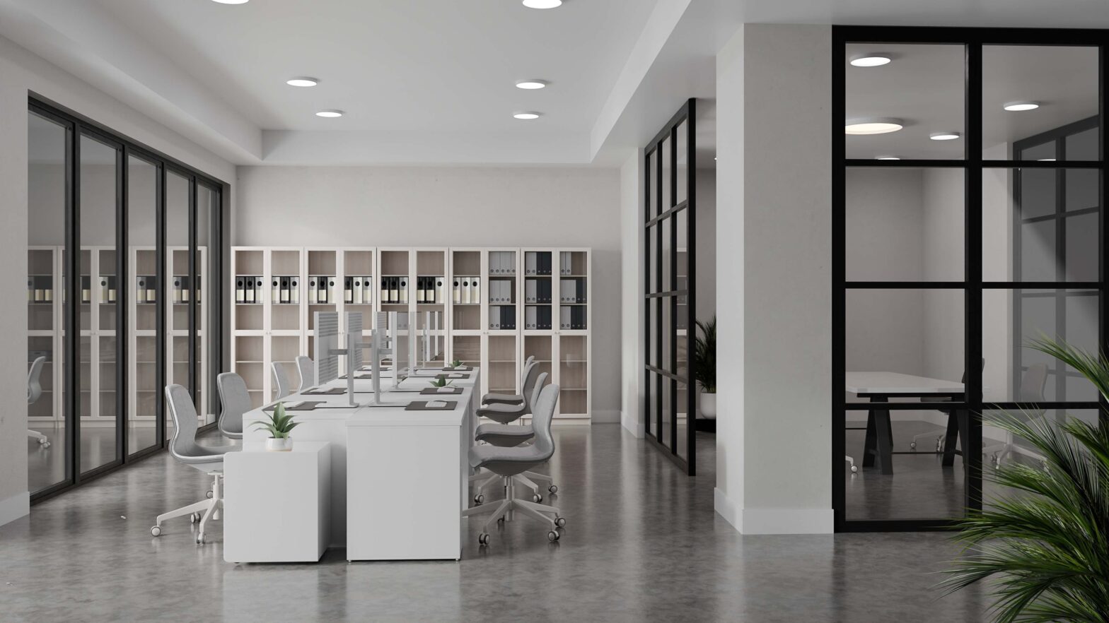 odern open-plan office with ergonomic chairs, modular desks, and greenery, representing 2025 office furniture trends.