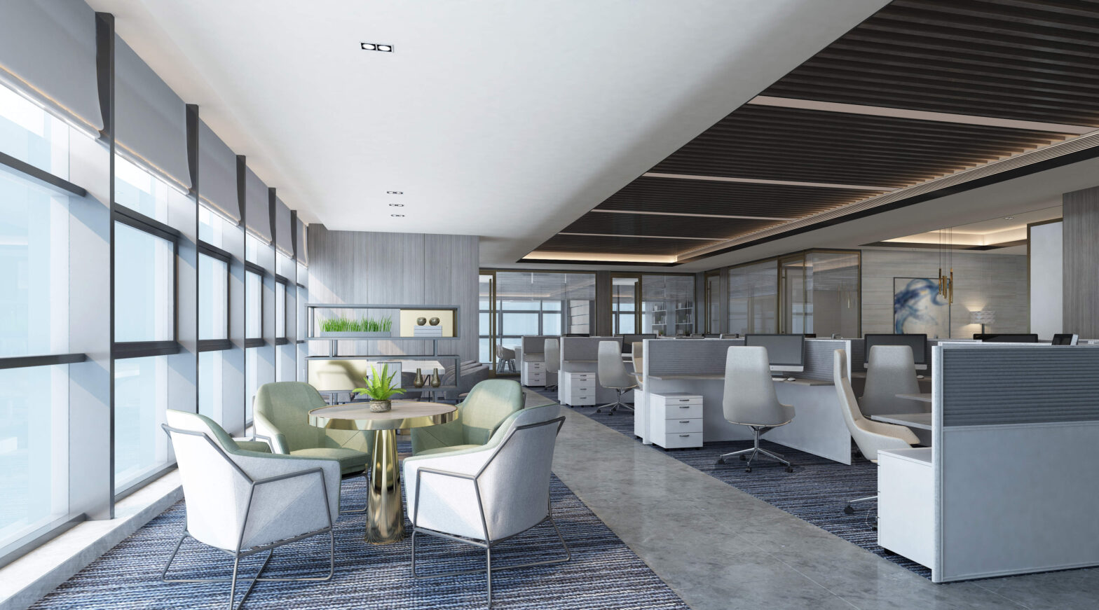 modern hybrid office furniture setup with ergonomic chairs and modular workstations