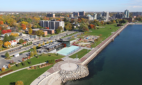 A beautiful high view of the city of Burlington showing offices that need office furniture Burlington can rely on