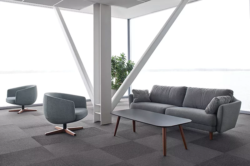 Professional lounge seating area featuring used office furniture Mississauga corporate businesses source through The Office Shop for comfortable, budget-smart workspaces