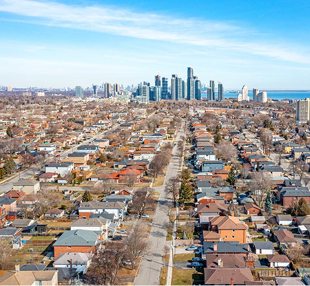 Aerial view of Etobicoke Ontario residential and commercial areas where The Office Shop delivers office furniture Etobicoke solutions