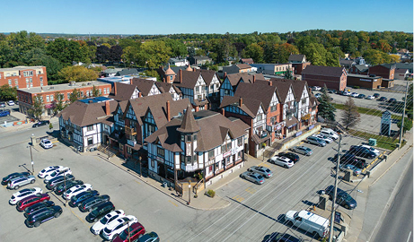 Aerial view of historic Pickering Ontario commercial district served by The Office Shop for office furniture Pickering solutions