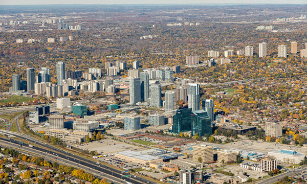Aerial view of Scarborough Ontario business district served by The Office Shop for office furniture Scarborough solutions