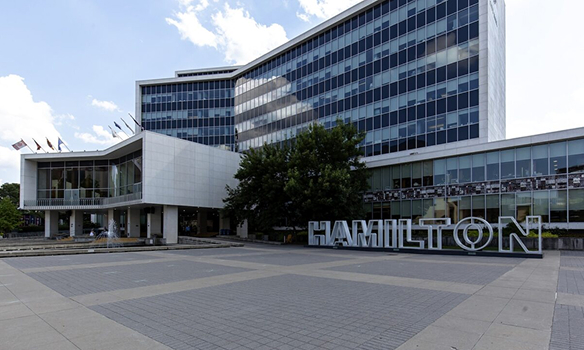 Hamilton city hall plaza with Hamilton sign, where The Office Shop delivers office furniture Hamilton Ontario solutions