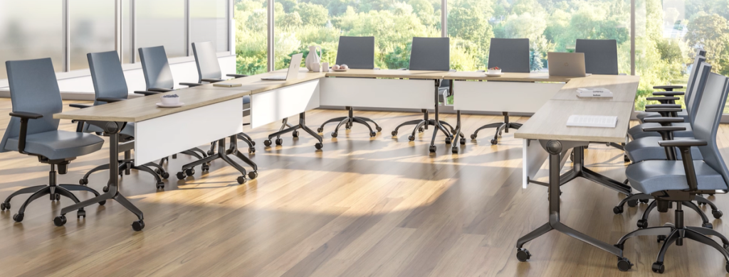 Private office workspace furniture from The Office Shop featuring a Canadian-made U-shape executive desk, overhead storage, and ergonomic seating