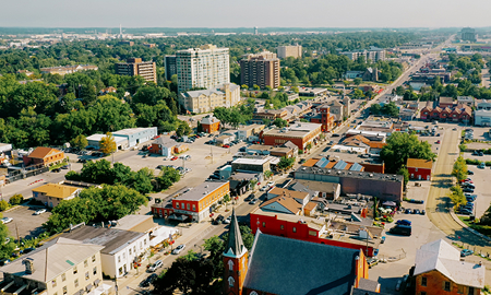 Aerial view of downtown Milton Ontario showing main street and surrounding business areas served by The Office Shop for office furniture Milton solutions
