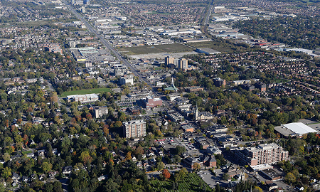 Aerial cityscape of Richmond Hill Ontario featuring downtown core and surrounding business districts supported by The Office Shop for office furniture Richmond Hill projects