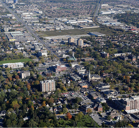 Aerial view of Richmond Hill Ontario showing Yonge Street corridor and mixed commercial and residential areas where The Office Shop provides office furniture Richmond Hill services