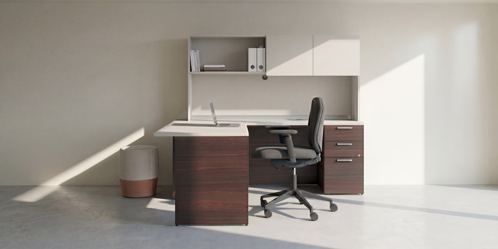 Single workstation with overhead hutch storage and ergonomic task chair from The Office Shop, part of the office furniture rental Toronto organizations use for flexible workspace solutions