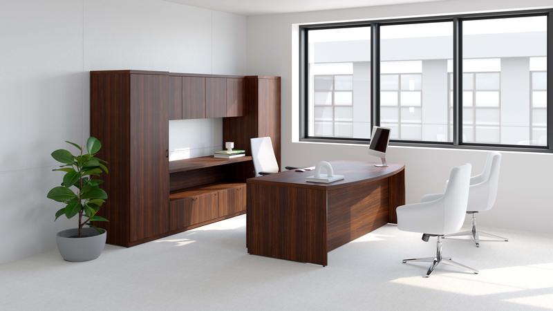 Executive U-shape desk with full wall storage unit and white guest seating from The Office Shop, showcasing premium office furniture rental Toronto businesses choose for professional environments