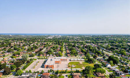 Aerial view of Oshawa Ontario showing suburban streets and commercial buildings supported by The Office Shop for office furniture Oshawa projects
