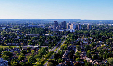 Ajax Ontario skyline featuring high-rise buildings and surrounding business areas supported by The Office Shop for office furniture Ajax projects