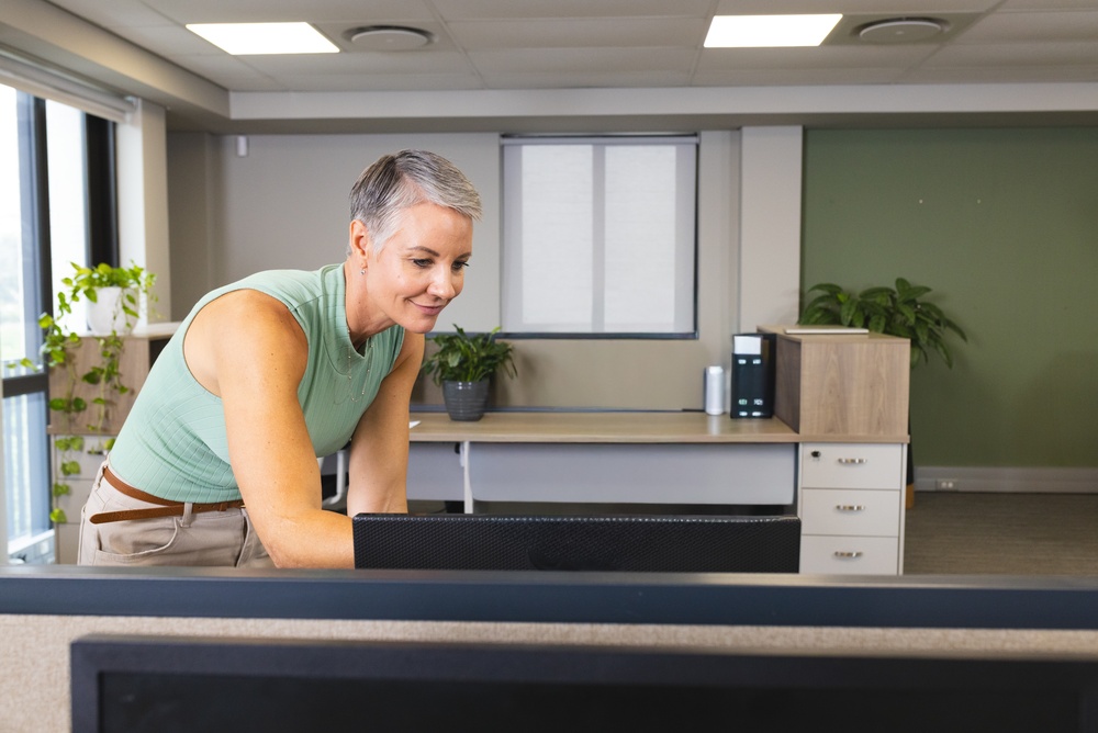 Stylish office interior showcasing collaborative workstations and office furniture file cabinets wood storage solutions.