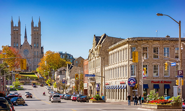 Downtown Guelph Ontario corridor showing heritage architecture and the Basilica where The Office Shop provides office furniture Guelph services