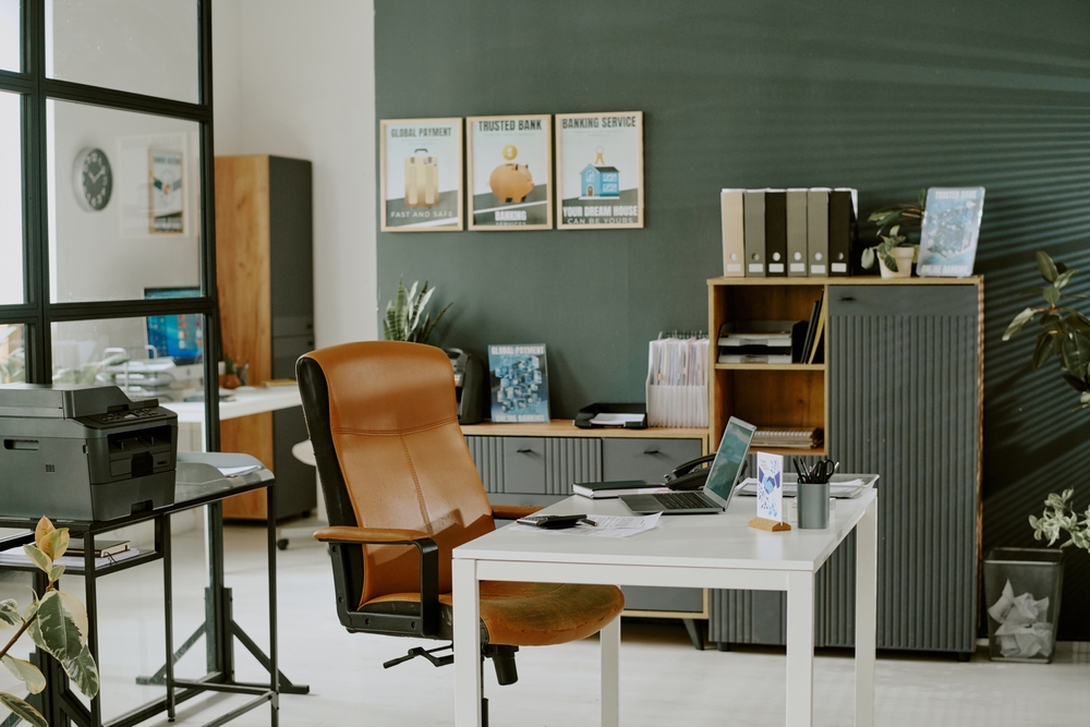 Modern workspace featuring office storage solutions with integrated cabinets, shelving, and organized workstations for a productive office environment.