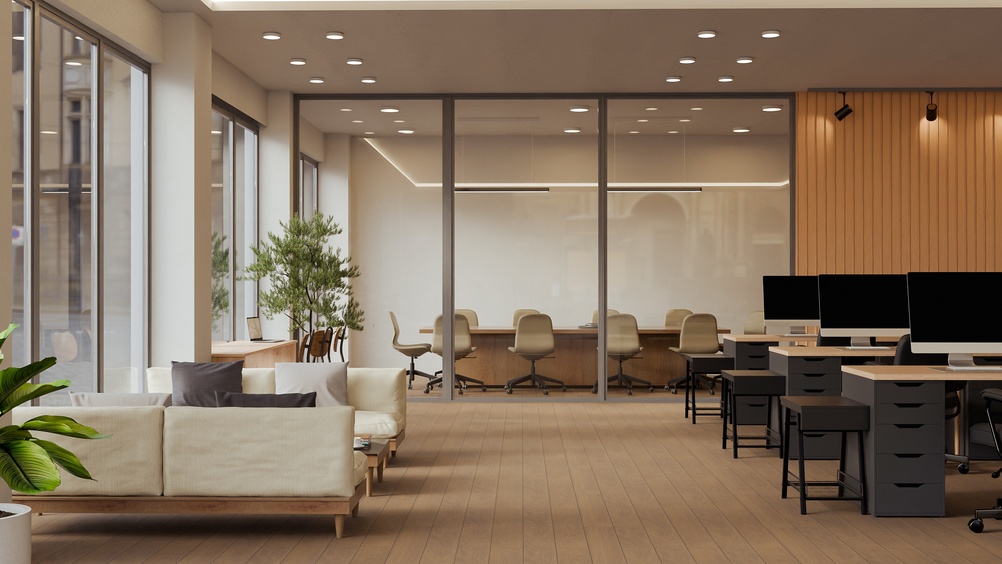 Professional office interior featuring ergonomic chairs and spacious desks as part of an office furniture buying guide for business owners.
