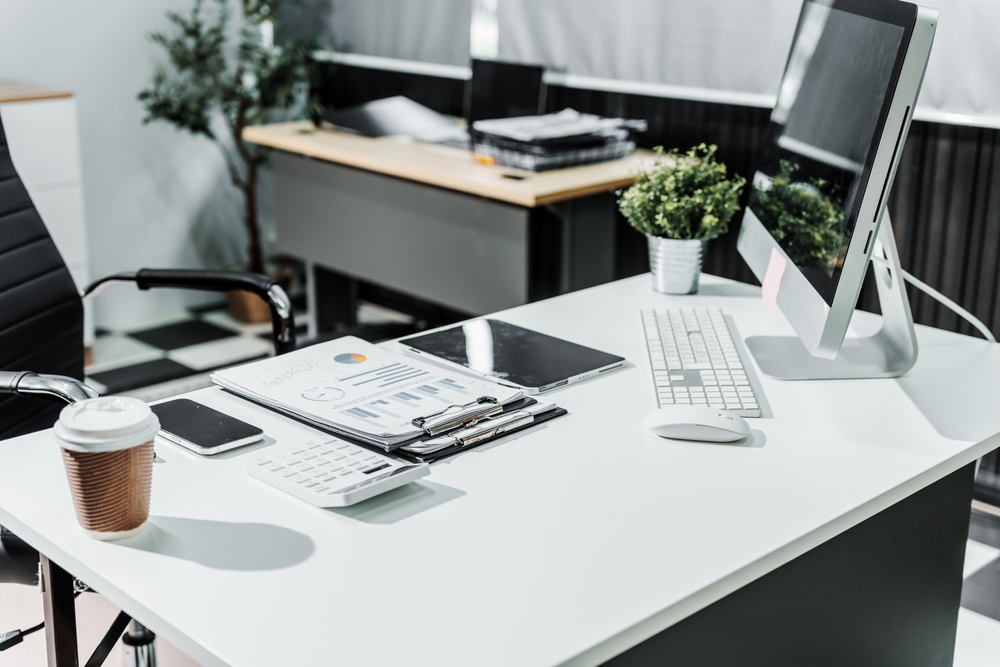 Modular office furniture storage and filing units in a modern reception area
