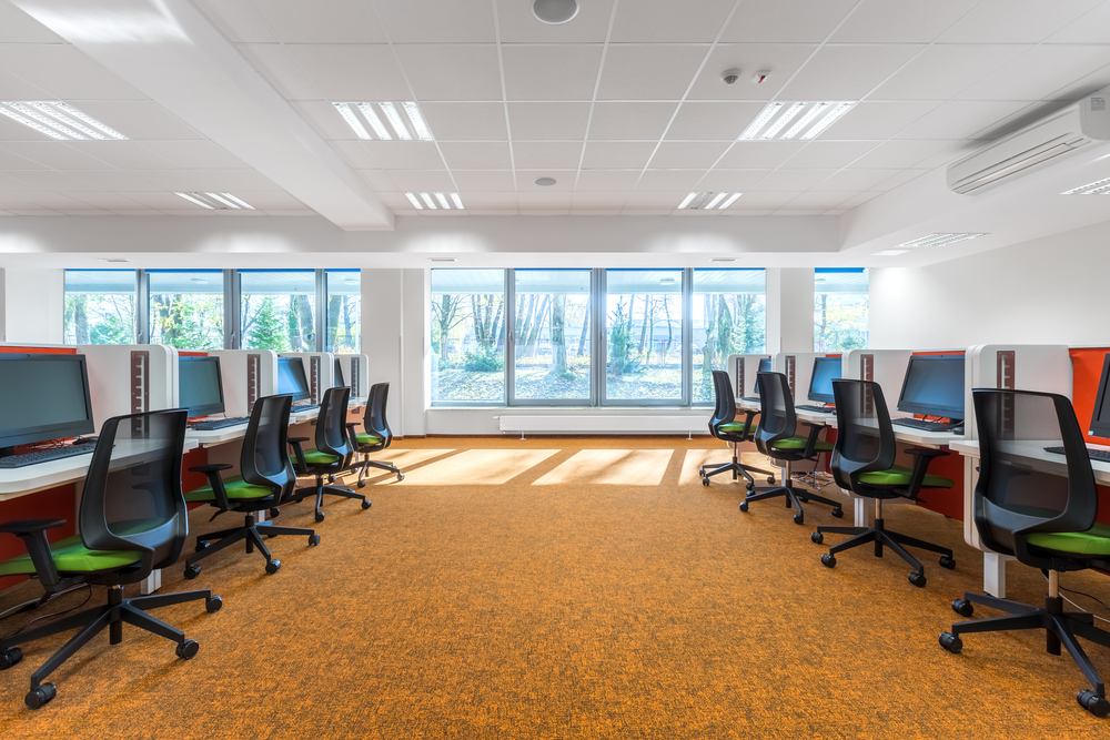 Modular office furniture boardroom table configured for a team meeting
