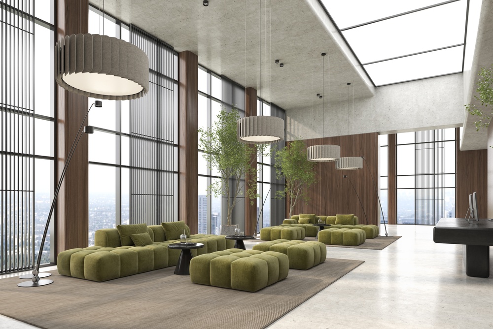 Modular seating area forming flexible coworking space furniture in a modern office interior